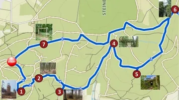 Karte zeigt Wanderweg mit Bildern und Orientierungspunkten.