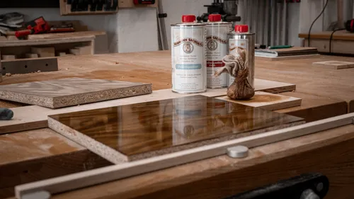 Holzplatte glänzt, während Farbbehälter auf Werkbank stehen.
