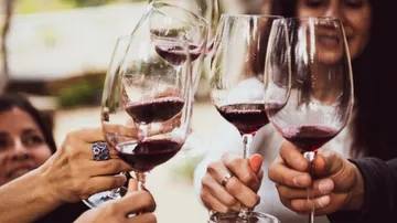 Wine glasses clink together to show a celebratory moment.