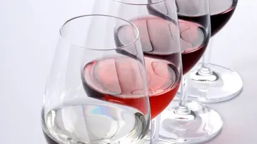 White wine glass and three red wine glasses stand side by side.