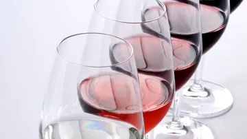 Gläser mit verschiedenen Weinsorten stehen ordentlich nebeneinander.