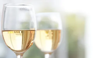 Zwei Gläser mit Weißwein stehen auf einem Tisch.