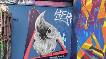 Graffiti eines Vogels in einer bunten urbanen Umgebung.