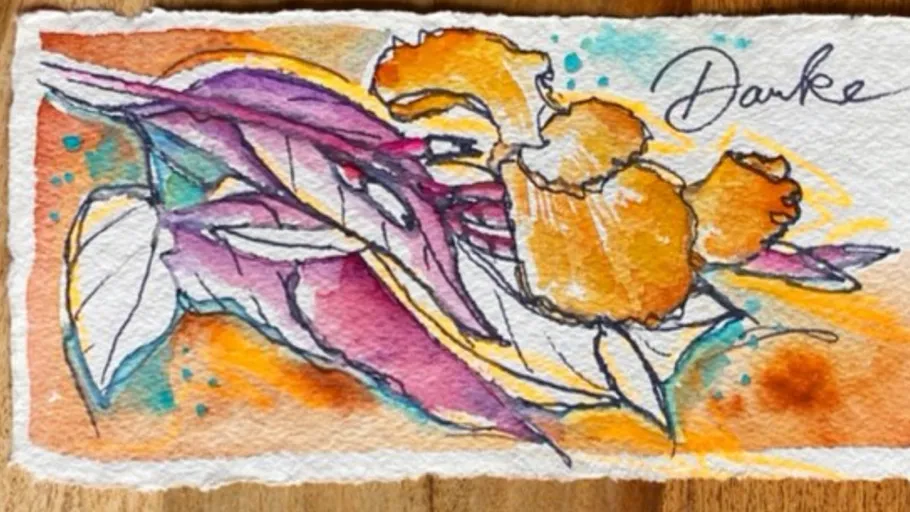 Colourful floral still life on textured paper with “Thank you”