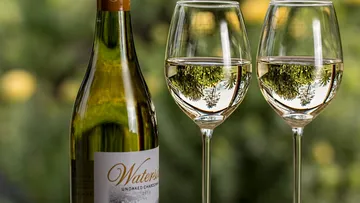 Flasche Wein neben zwei Gläsern, im Freien, grüne Umgebung.