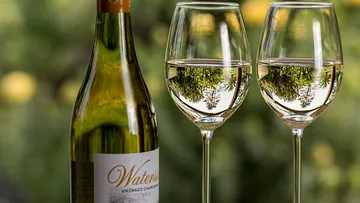 Zwei Weingläser mit Chardonnay neben einer Flasche im Freien.