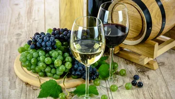 Weiß- und Rotwein in Gläsern, umgeben von Trauben und Fass.