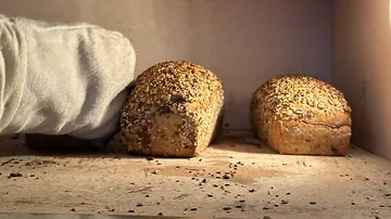 One hand grabs fresh, inseminated bread from the oven.