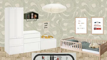 Ein kinderfreundliches Zimmer mit Möbeln und Spielzeug.