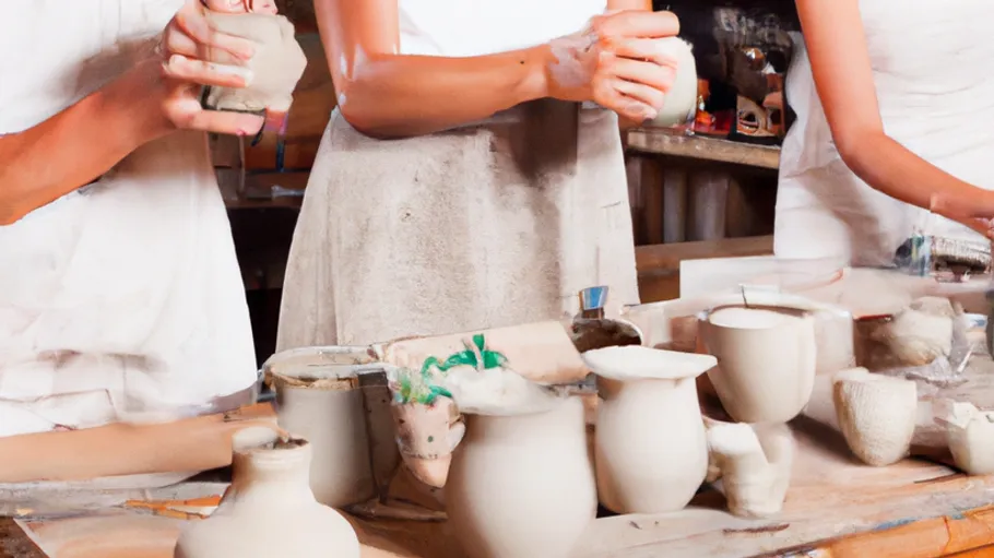 Potters sculpt clay objects in a workshop.