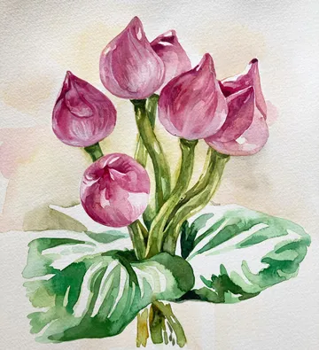 Pink flowers are directly above green leaves.
