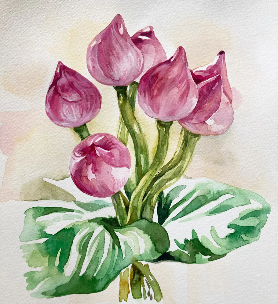 Pink flowers are directly above green leaves.