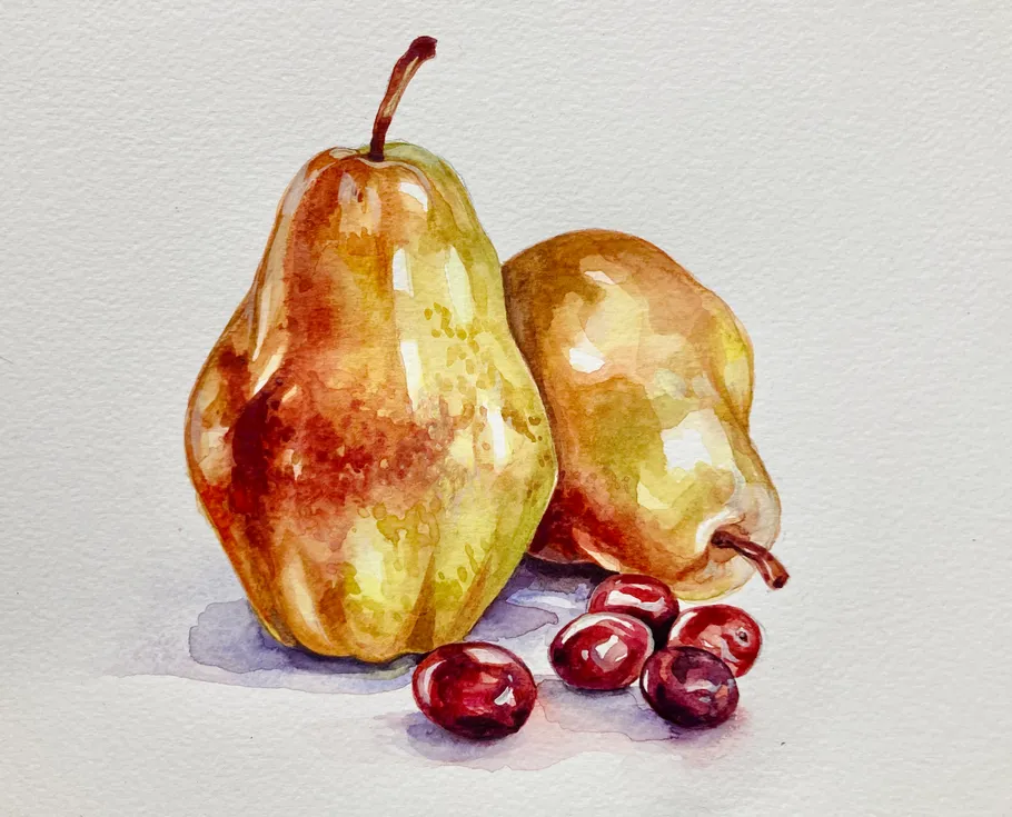 Wasserfarben mit Birnen und Kirschen auf Papier.