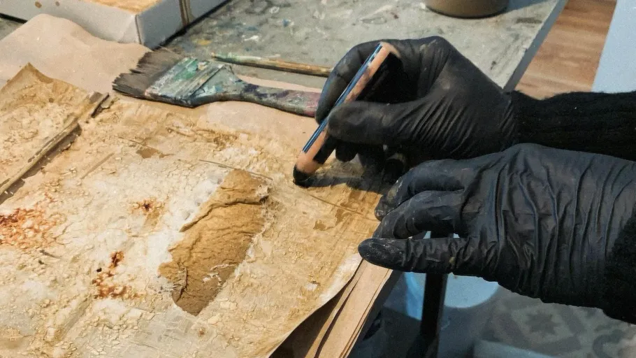 Hands with black gloves dye paper with pastel colors.