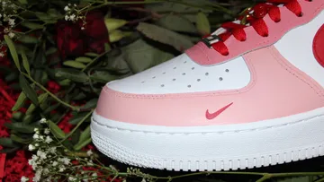 Weiß-rosa Sneaker liegt auf grünen Blättern und Roten Blumen.