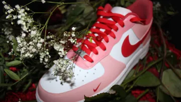 Pink Nike sneaker is surrounded by flowers and leaves.