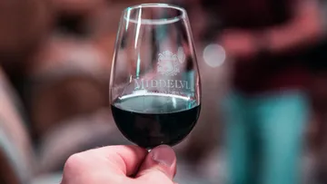 Wine glass with red wine is kept in a winery.
