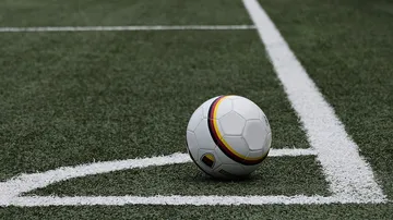 Ein Fußball liegt am Spielfeldrand auf Rasen.