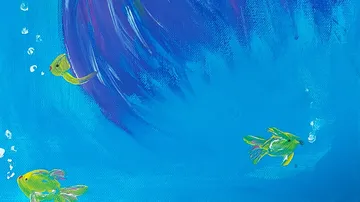 Bunte Fische schwimmen durch eine blaue Wasserlandschaft.