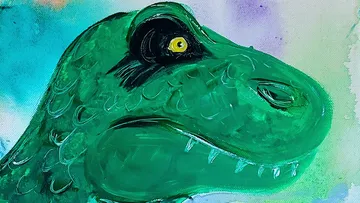 Grünes Dinosaurier-Gesicht zeichnet sich vor buntem Hintergrund aus.