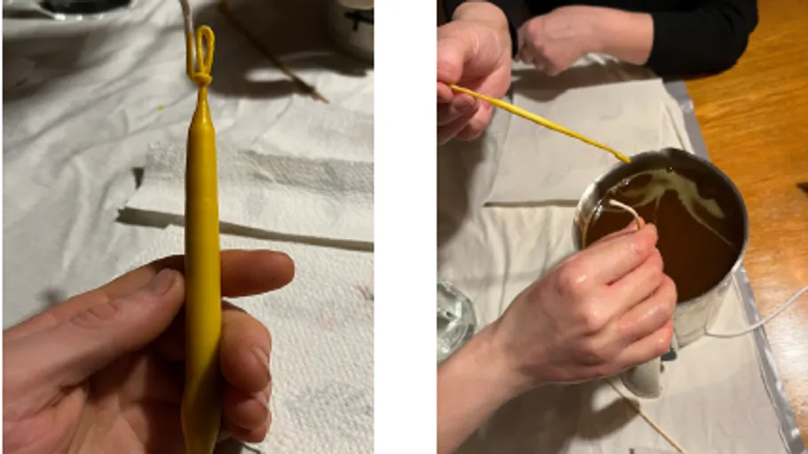 Yellow candle is made by dipping into liquid wax.