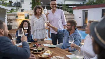 A group of friends toast happily at a table.