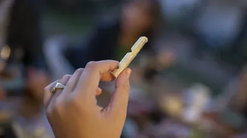 One hand holds a small piece of cheese in a friendly atmosphere.
