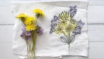 Colourful flowers and embroidered floral patterns on white fabric