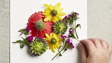Colorful flowers are carefully placed on a piece of paper.