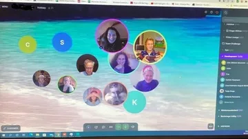 Video conference with smiling participants on colorful backgrounds.