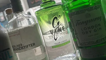 Gin bottles stand side by side, reflecting light in the background.