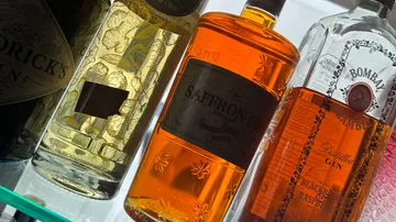 Mehrere Gin-Flaschen stehen auf einem Regal, leuchtende Farben.