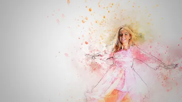 Woman in pink dress dances against colorful background.