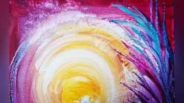 Bunte Sonnenmalerei mit geschwungenen Pinselstrichen auf Leinwand.