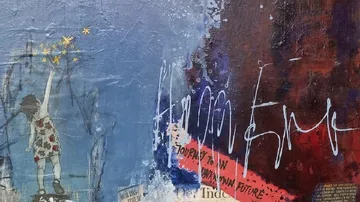 Girl picking stars against colorful, textured background.