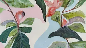 Colourful leaves and flowers grow against a pink background.
