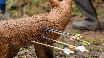 Wooden figure of an animal with several arrows in its body.
