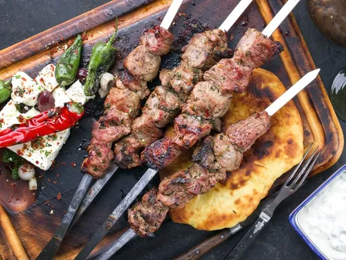 skewer, sheep cheese with pepperoni and tzatziki