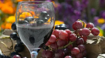 Rotwein in Glas, umgeben von Trauben und bunten Blumen.