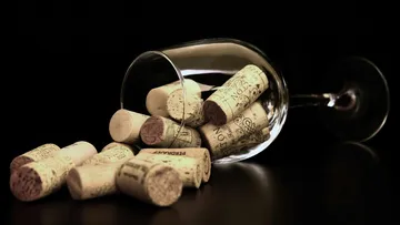 Wine bottle with cork lies in an overturned glass.
