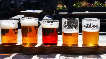 Fünf Biergläser stehen auf einem Tablett in der Sonne.