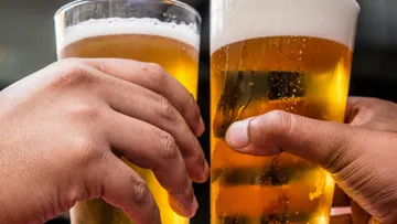 Two hands toast glasses of beer in a party setting.