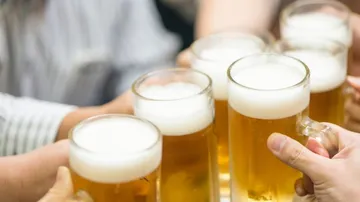 Six beer glasses are raised during a toast.