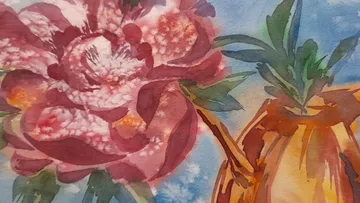 Flower and vase, watercolor paints vivid colors on paper.