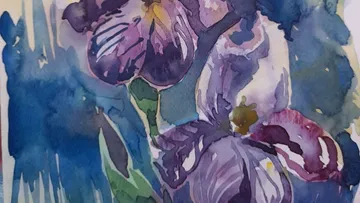 Purple flowers are presented in soft, water-colored shades.