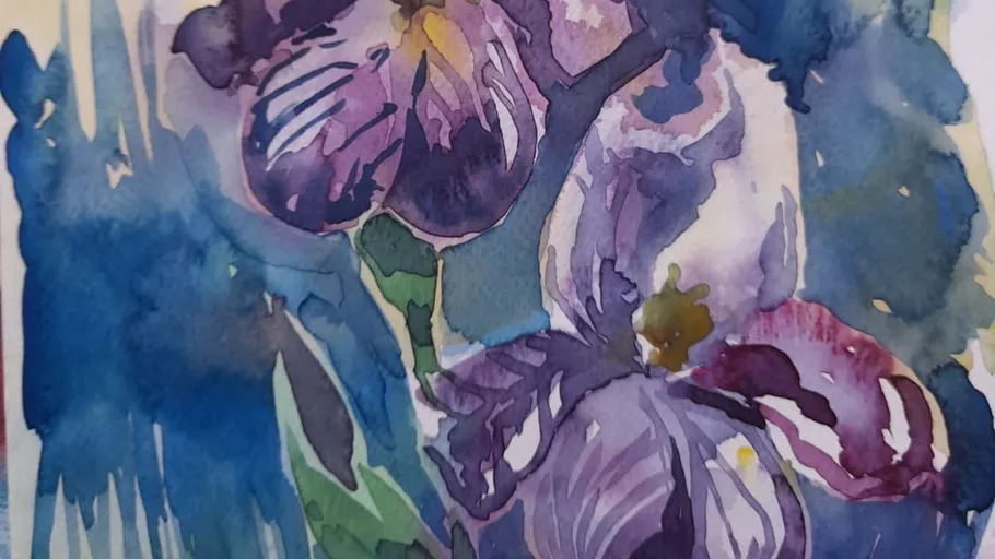 Lila Blumen sind in sanften, wasserfarbenen Tönen dargestellt.