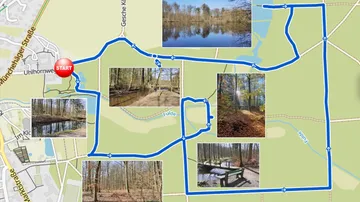 Map shows hiking route around a lake in a wooded area.