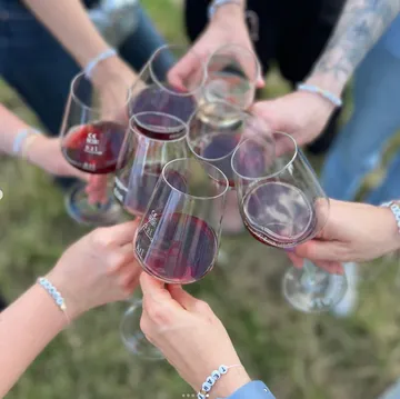 Glasses of red wine are lifted to a toast.