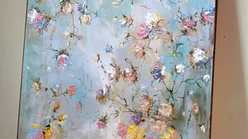 Buntes abstraktes Blumengemälde auf Leinwand.