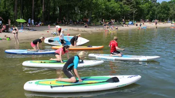 Stand-up paddlers practice on water sports boards on the beach.